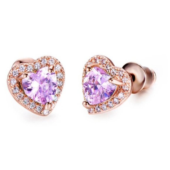 LiveChicStyle Jewelry - Rose Gold Pink Heart Diamond Halo Stud Earrings